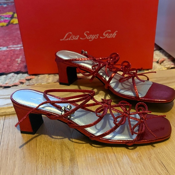 Lisa Says Gah Shoes - New Lisa Says Gah Carey Bow Sandals - Metallic Red Strappy Heels